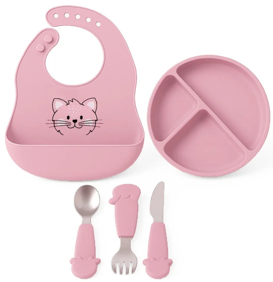 Dětský silikonový set FreeON - růžový talíř, příbor a bryndák