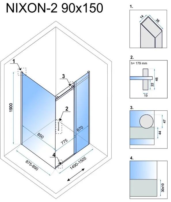 Rea Nixon, sprchovací kút s posuvnými dverami 150(dvere) x 90(stena), pravý, číre sklo, chrómový profil, KPL-00426