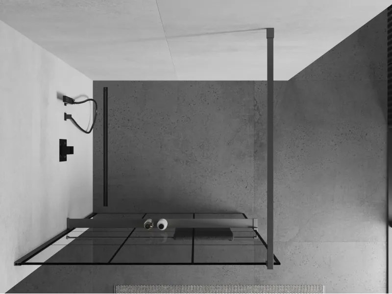 Mexen Kioto+, sprchová zástena Walk-In s poličkou a vešiakom 110 x 200 cm, 8mm číre sklo čierny vzor, grafitový profil, 800-110-121-95-77