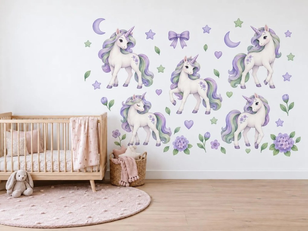 Jednorožci s fialovými květy arch 30 x 46 cm