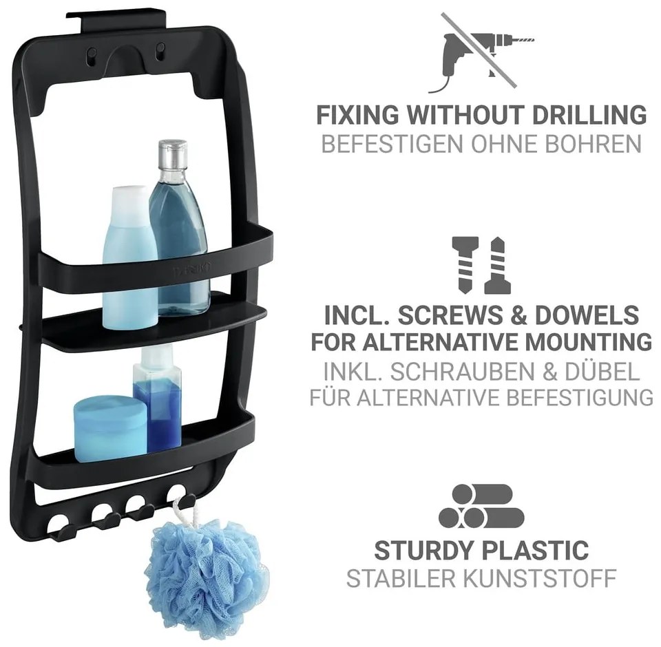 Čierna závesná/bez vŕtania plastová kúpeľňová polička Universal – Wenko