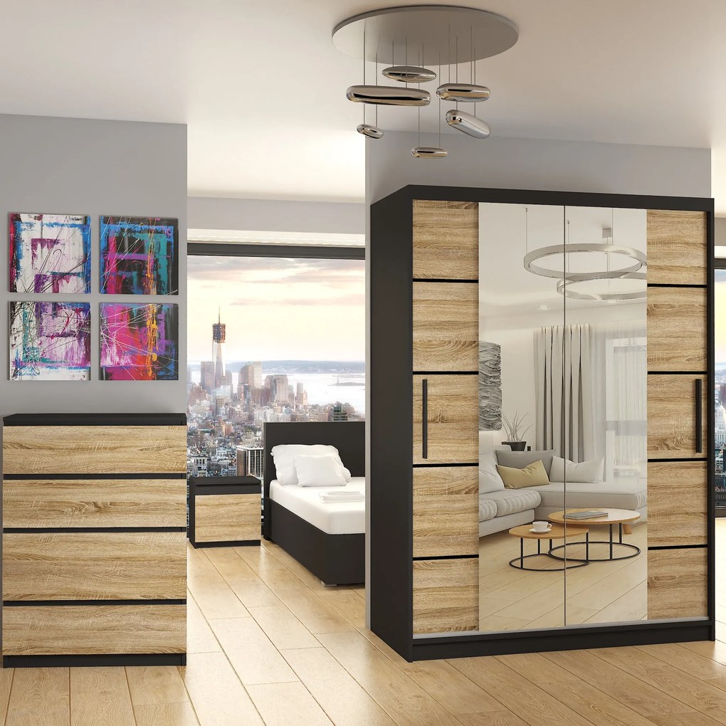 Šatníková skriňa 133 cm Belini čierny mat / dub sonoma s posuvnými dverami zrkadlom a zásuvkami ME SZP6/1/B/DS/0/KLP