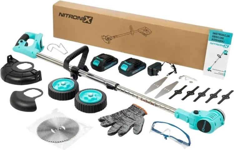 Akumulátorový krovinorez s kolieskami NITRONIX + 2x batéria + nože + kotúč + príslušenstvo