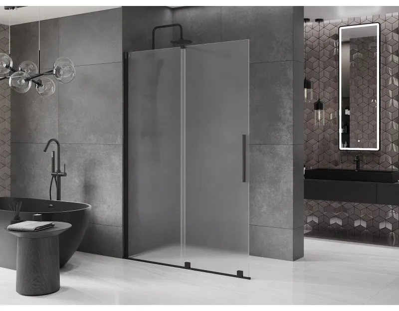 Mexen Velar, sprchová zástena s posuvnými dverami Walk-in 150 x 200 cm, 8mm sklo námraza, čierna matná, 871-150-000-33-70