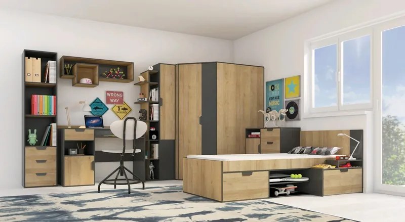 Posteľ s úložnými priestormi Nano, 90x200 cm, dub/grafit