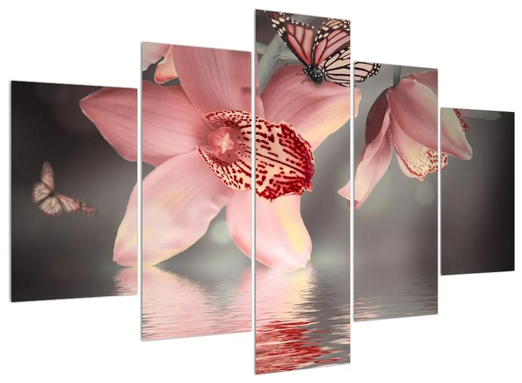 Obraz kvetov a motýľa (150x105 cm)
