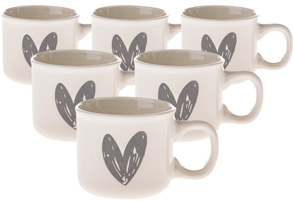 Súprava 6 keramických hrnčekov Srdiečko I, 90 ml, sivá