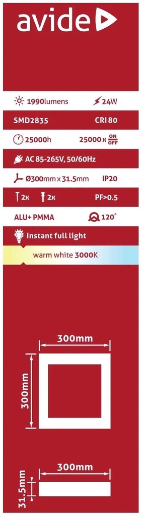 AVIDE Prisadený stropný LED panel, 24W, teplá biela, 30x30cm, štvorec, biely