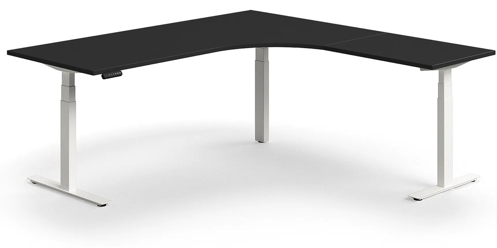 Výškovo nastaviteľný stôl QBUS, rohový, 2000x2000 mm, biely rám, čierna
