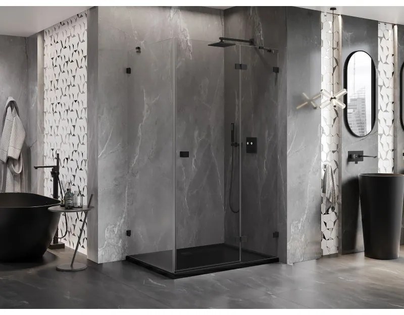 Mexen Lunar, pravostranný výklopný sprchový kút 90 x 80 cm, 8mm číre sklo, čierny profil, 834-090-080-70-00-P
