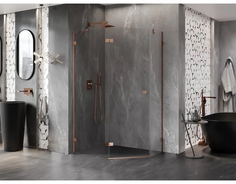 Mexen Lunar, Päťuholníkový sprchový kút Mexen Lunar naklápací doľava 100 x 80 cm, 8mm číre sklo, profil ružové zlato, 831-100L-080P-60-00-L