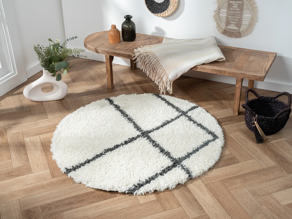 Kusový koberec My Shaggy Raute creme kruh, 150x150 (priemer) kruh, čiernobiela, chodba / predsieň, My Flair