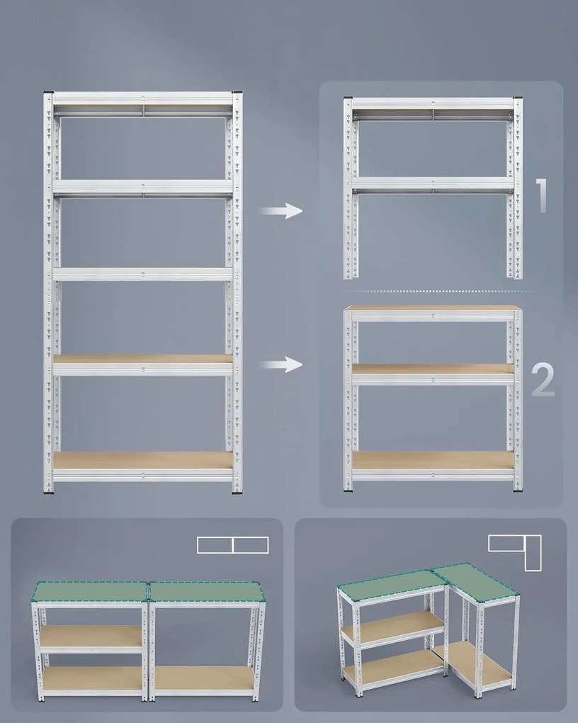 Veľkokapacitné Úložné Poličky, 2 ks, Garážový Poličkový Systém, 40 x 90 x 180 cm, Strieborná