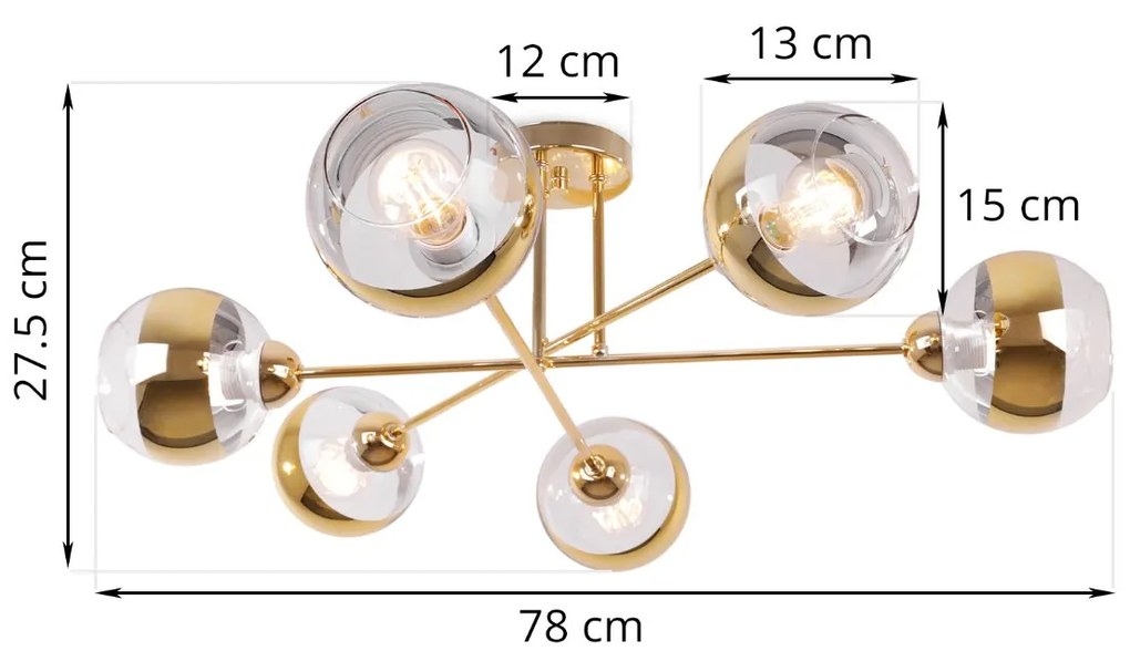 Stropné svietidlo Asturia, 6x zlaté/transparentné sklenené tienidlo, G