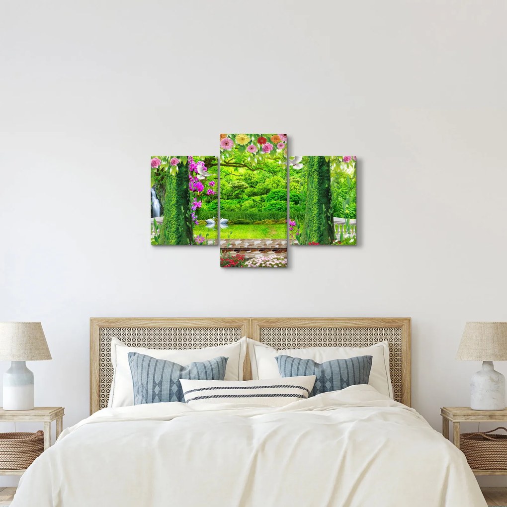Obraz - Čarovná záhrada s labuťami (90x60 cm)