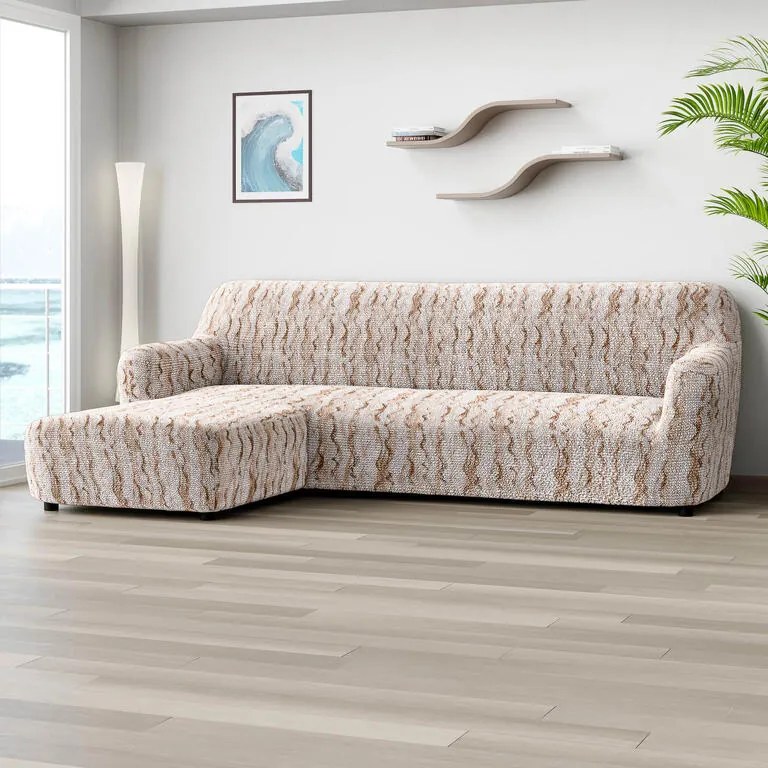 Bielastické poťahy OCEANO NOVÉ béžové sedačka s otomanom vľavo (š. 170 - 300 cm)