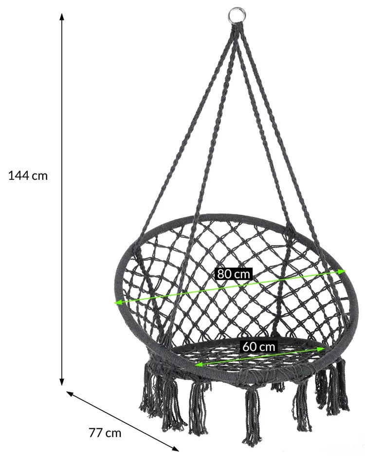 Závesné kreslo šedé Ø61cm okrúhle so strapcami