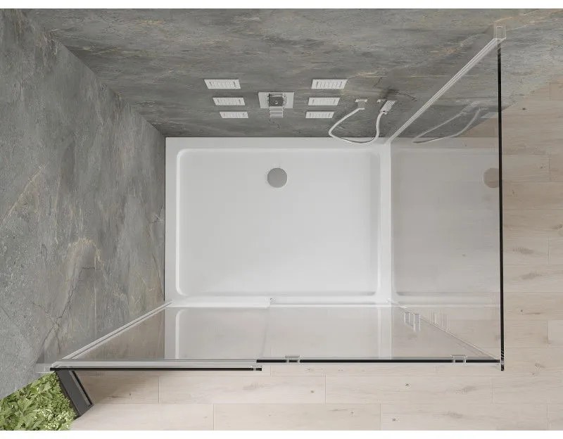Mexen Omega, sprchovací kút s posuvnými dverami 120 (dvere) x 80 (stena) cm, 8mm číre sklo, chrómový profil + slim sprchová vanička 5cm, 825-120-080-01-00-4010