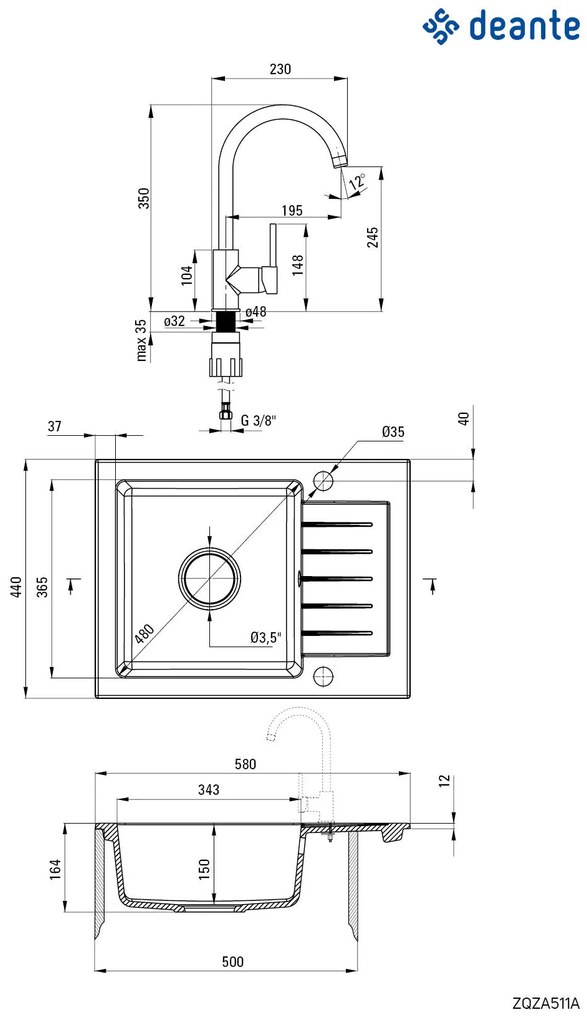 Deante Zorba, granitový drez 580x440x164 mm Z/KO, 3,5" + priestorovo úsporný sifón, 1-komorový + Nemezja batéria, atracitová metalíza, ZQZAT11A