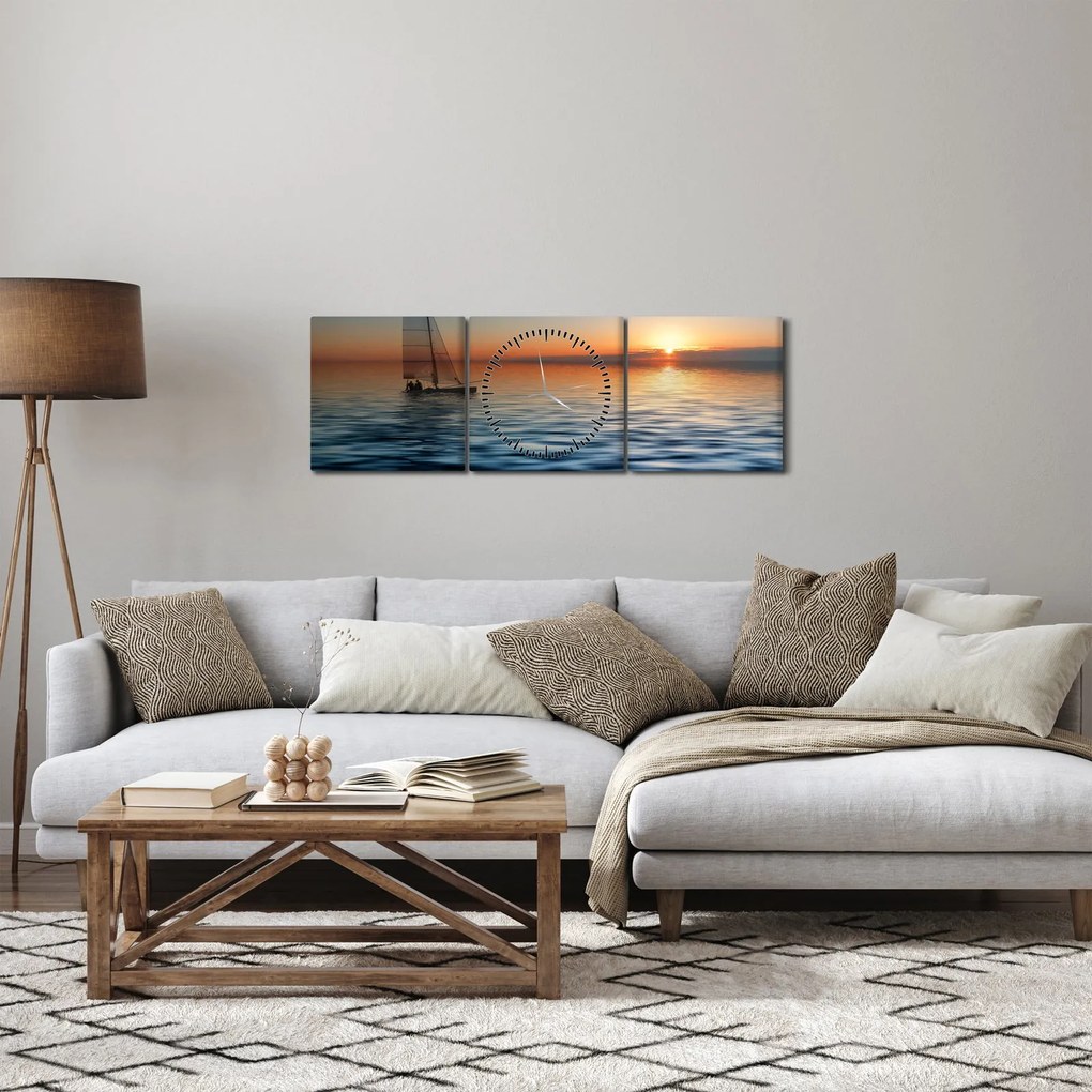 Obraz - Plachetnica na mori (s hodinami) (90x30 cm)