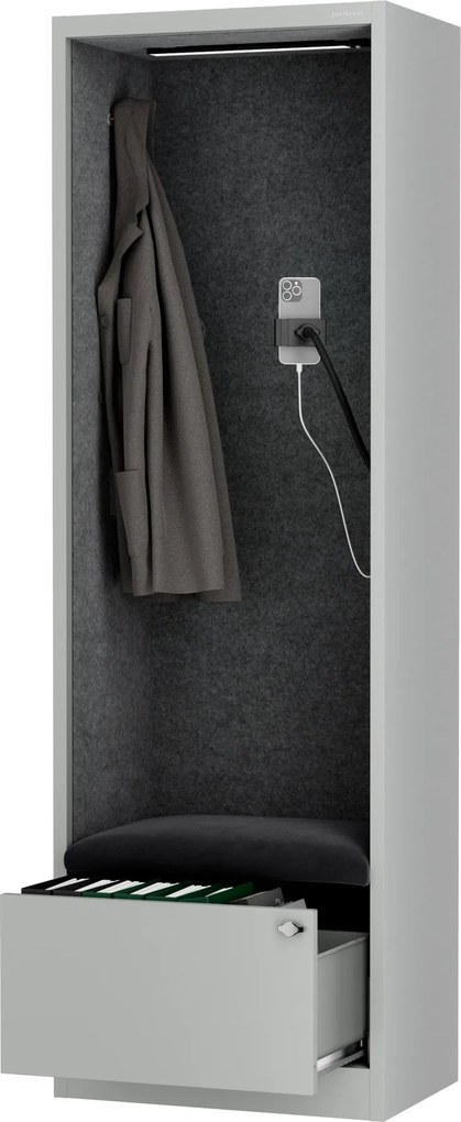 Kancelárska akustická kabína so sedadlom a portom USB-C, telo v sivý / sedák tmavosivá v zelenej farbe, 600 mm: SALLY MentalBox