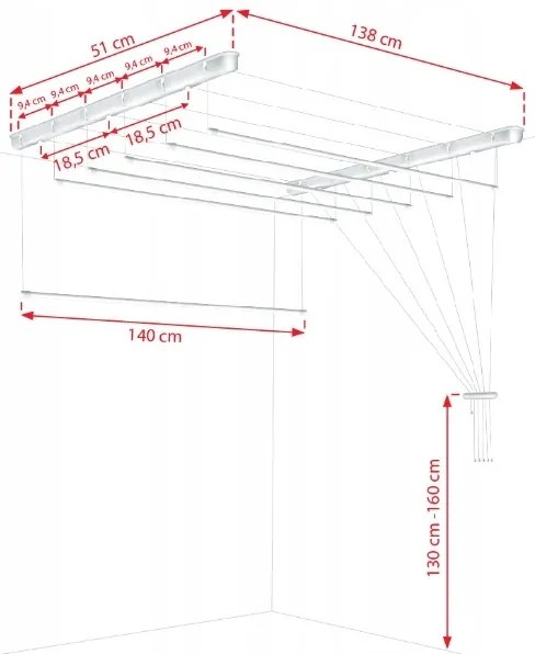 Erga Erga, stropný vešiak na sušenie bielizne 6x140 cm, biela, ERG-SEP-10SUSSUF6PP14