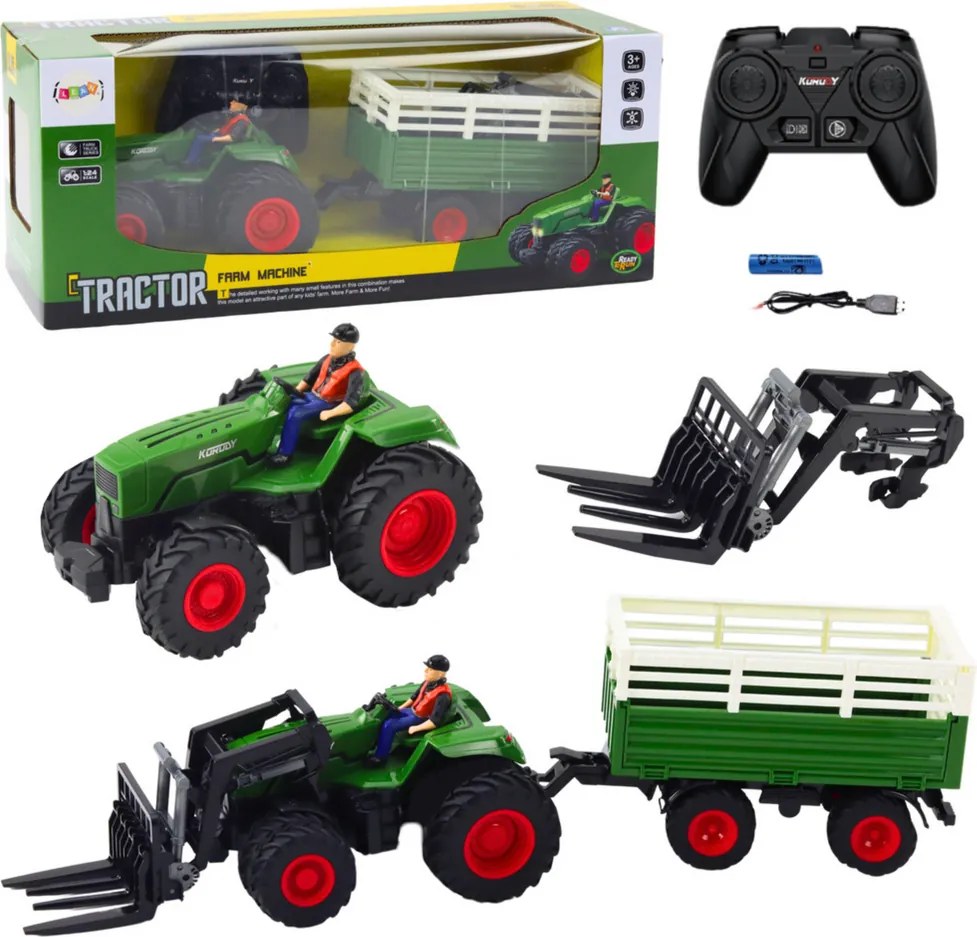 LEAN Toys Poľnohospodársky traktor s prívesom a vidlicami, diaľkovo ovládaný RC 2,4 GHz