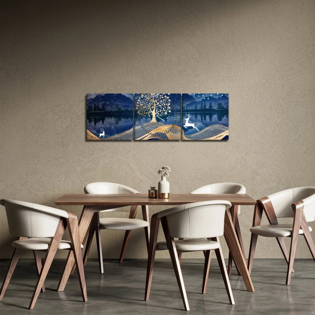 Obraz jeleňov pri splne (s hodinami) (90x30 cm)