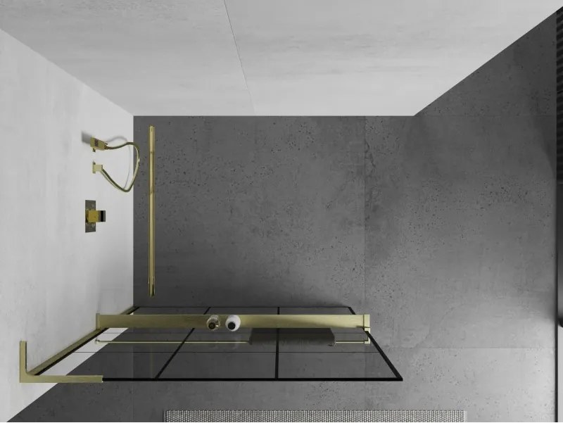 Mexen Kioto+ L, sprchová zástena Walk-In s poličkou a vešiakom 100 x 200 cm, 8mm číre sklo čierny vzor, zlatý matný profil, 800-100-123-55-77