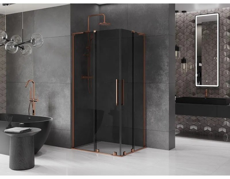 Mexen Velar L Duo, sprchový kút s posuvnými dverami 100 x 90 cm, 8mm šedé sklo, ružové zlato, 871-100-090-02-43-60