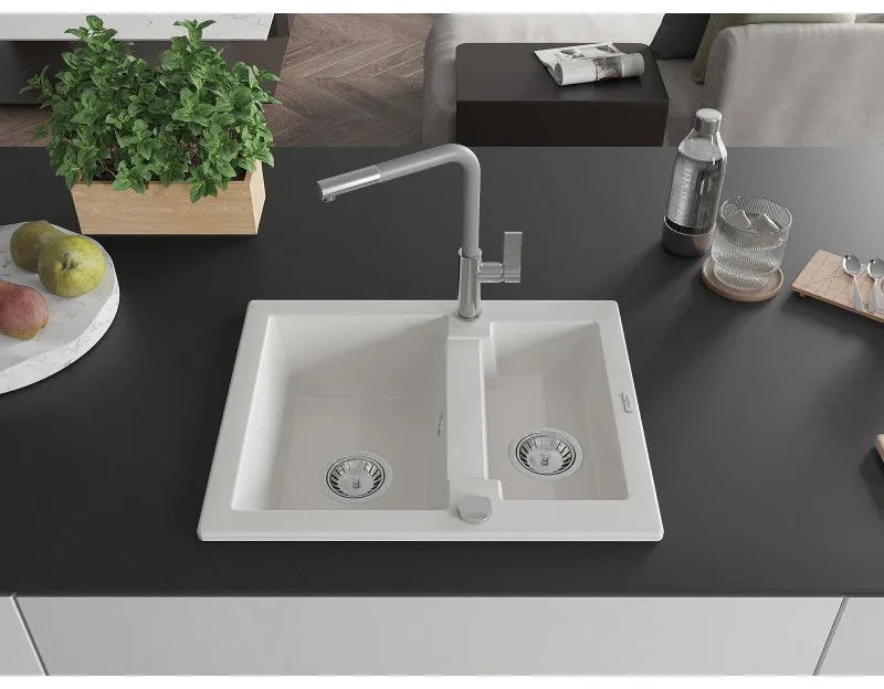 Mexen Carlos, 1,5-komorový granitový drez 582x475x177 mm a drezová batéria Flora, biela, 6518-20-670401-06