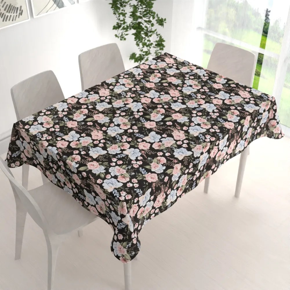 Biante Bavlnený obdĺžnikový obrus Sandra SA-449 Modro-ružové kvety na čiernom 140x220 cm