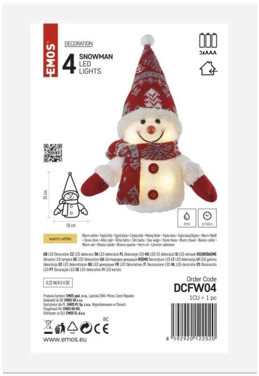 Emos LED vianočný snehuliak svietiaci, 25cm, 3xAAA, vnútorná, teplá biela DCFW04