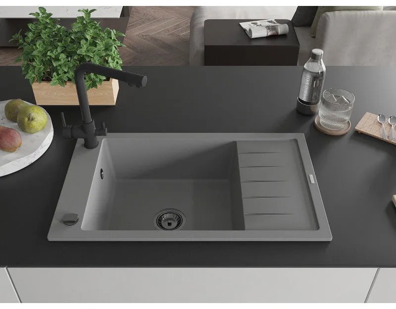 Mexen Elias, 1-komorový granitový drez s odkvapkávačom 795x480x200 mm a čierna batéria Duero, šedá, 6511-71-671600-70-B