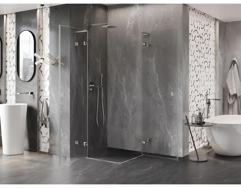 Mexen Lunar, L Duo výklopný sprchový kút 85 x 85 cm, 8mm číre sklo, oceľový profil, 834L-085L-085P-97-00
