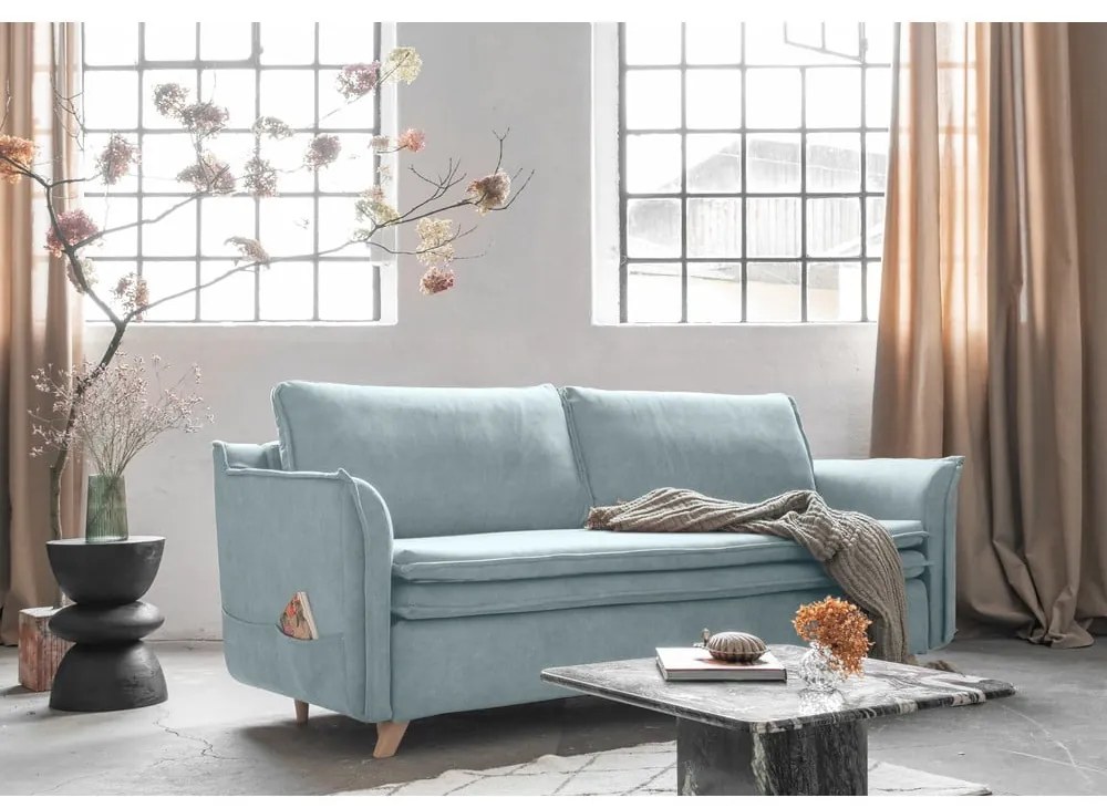 Svetlomodrá zamatová rozkladacia pohovka 225 cm Charming Charlie – Miuform