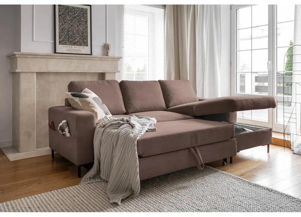 Hnedá menčestrová rozkladacia rohová pohovka (pravý roh) Lofty Lilly – Miuform