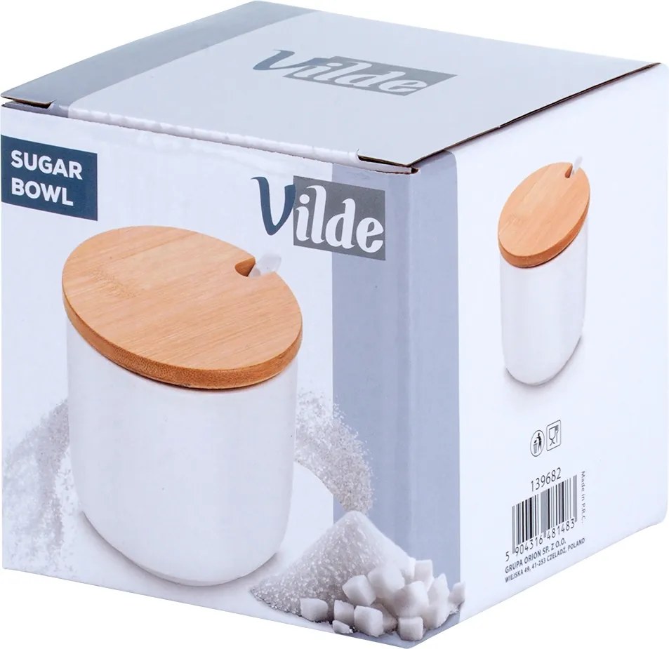 VILDE Kulatá keramická cukřenka s bambusovým víčkem a lžičkou, 250ML bílá