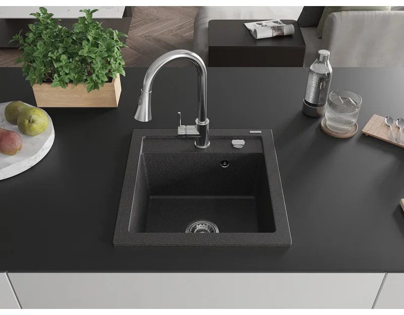 Mexen Vito, 1-komorový granitový drez 490x520x210 mm a drezová batéria Elia, čierna škvrnitá, 6503-76-670101-00