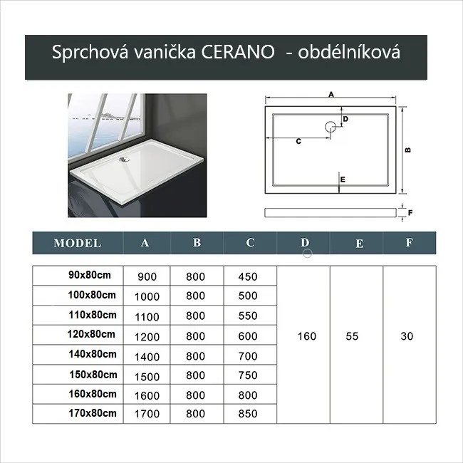 Cerano Piato, obdĺžniková sprchová vanička z liateho mramoru 120x80x3 cm, biela, CER-CER-GSR8012