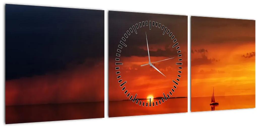 Obraz západu slnka s plachetnicou (s hodinami) (90x30 cm)