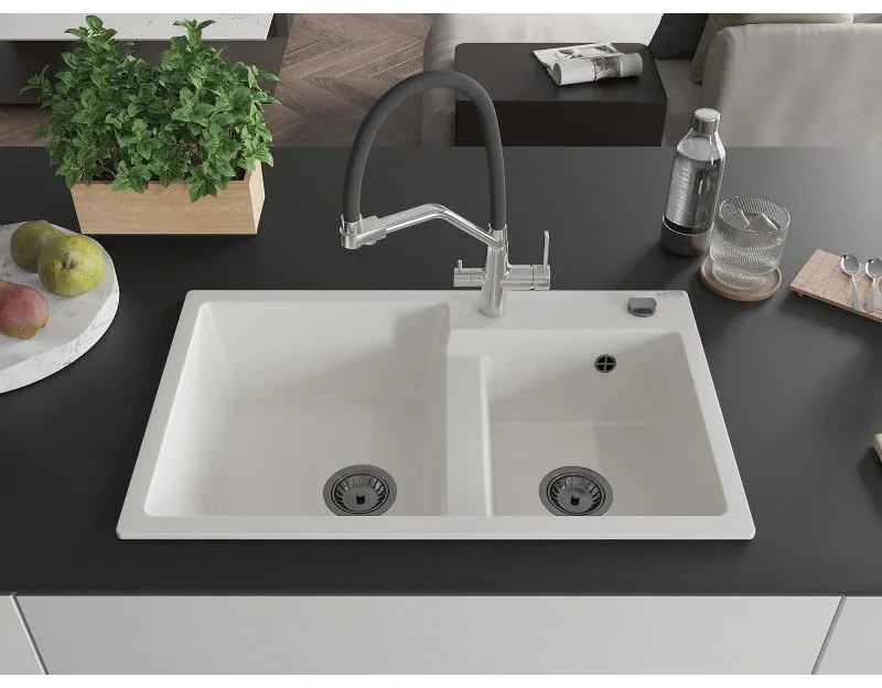 Mexen Tomas, 2-komorový granitový drez 800x500x190 mm a kuchynská batéria Duo, biela, 6516-20-671701-07-B