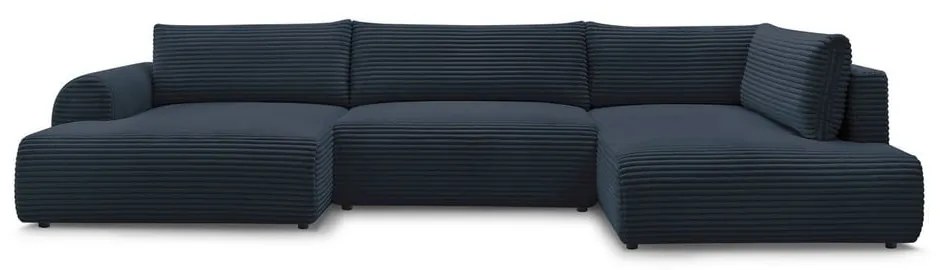 Tmavomodrá menčestrová rozkladacia/s úložným priestorom rohová pohovka (pravý roh/do tvaru "U") Lucien – Bobochic Paris