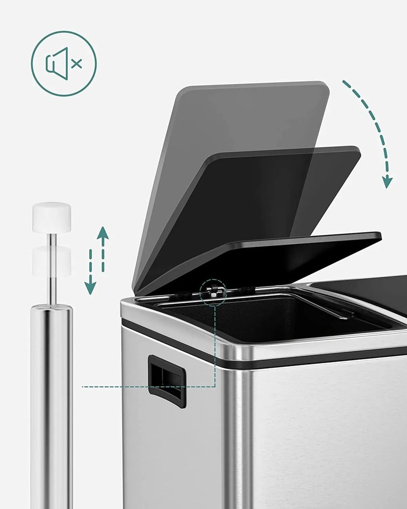 Kôš na selektívny odpad 30 L, kuchynský odpadkový kôš 2 x 15 litrov, strieborný