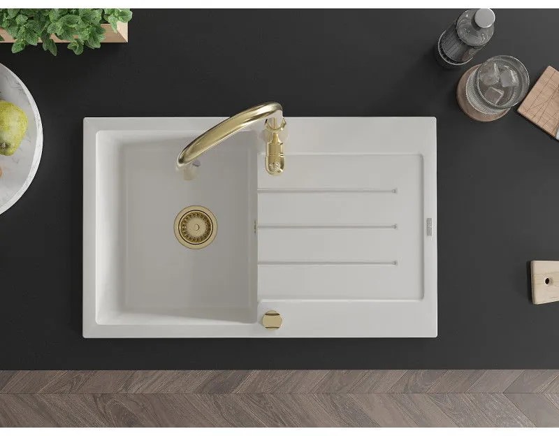Mexen Bruno, 1-komorový granitový drez 795x495x200 mm a drezová batéria Savita, biela, 6513-20-672601-50