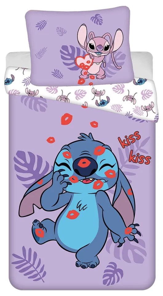 Fialová bavlnená detská obliečka na jednolôžko 140x200 cm Lilo and Stitch "Kiss" – Jerry Fabrics