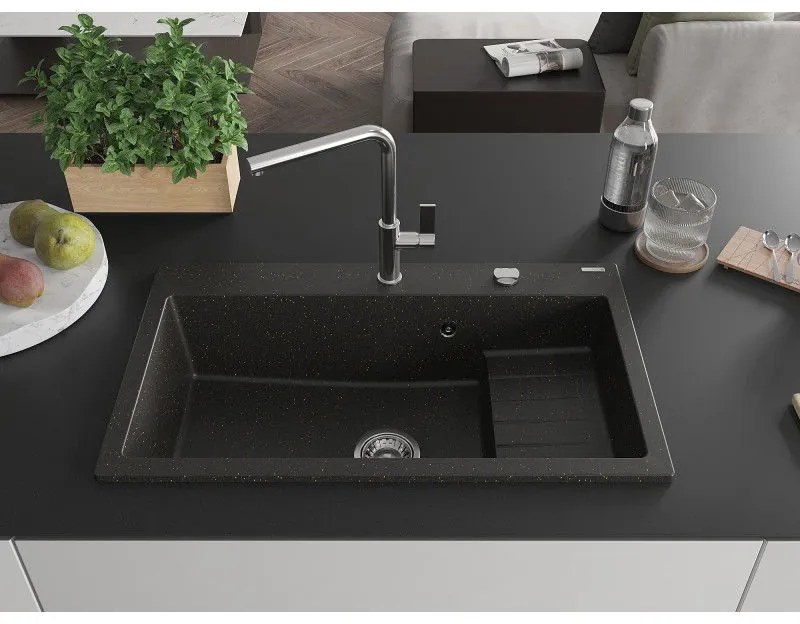 Mexen Omar, 1-komorový granitový drez 800x480x210 mm, čierna-zlatá metalíza, chrómový sifón, 6520801005-75