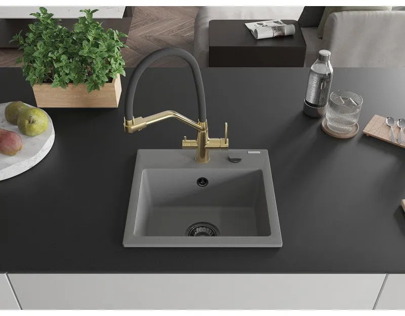 Mexen Milo, granitový drez 435x410x171 mm, 1-komorový a drezová batéria Duo, šedá, 6505-71-671701-57-B