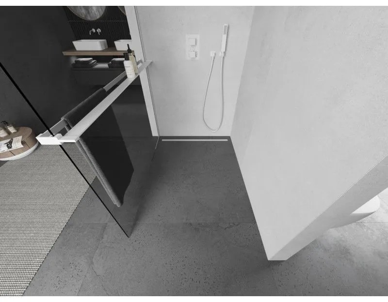 Mexen Kioto+, sprchová zástena Walk-In s poličkou a vešiakom 125 x 200 cm, 8mm číre sklo, biely profil, 800-125-121-20-00