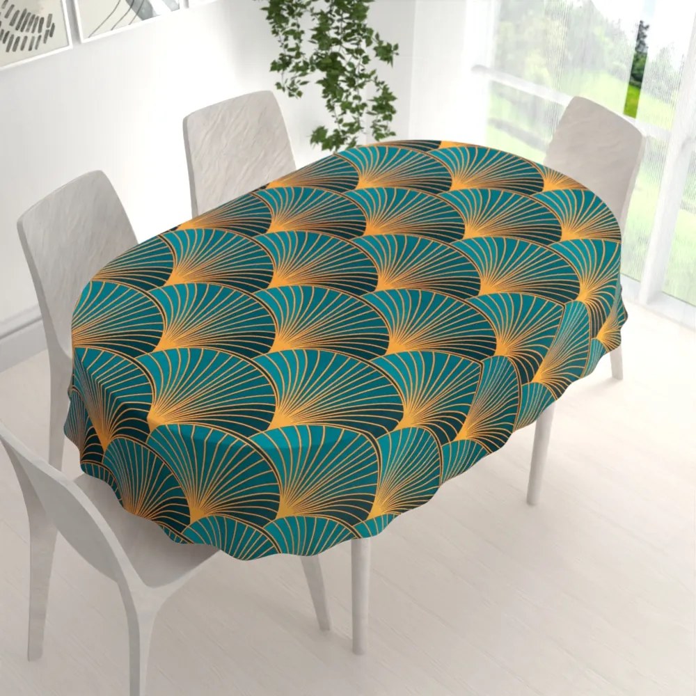 Biante Bavlnený oválny obrus Sandra SA-575 Oranžové vejáre na zeleno-tyrkysovom 140x220 cm